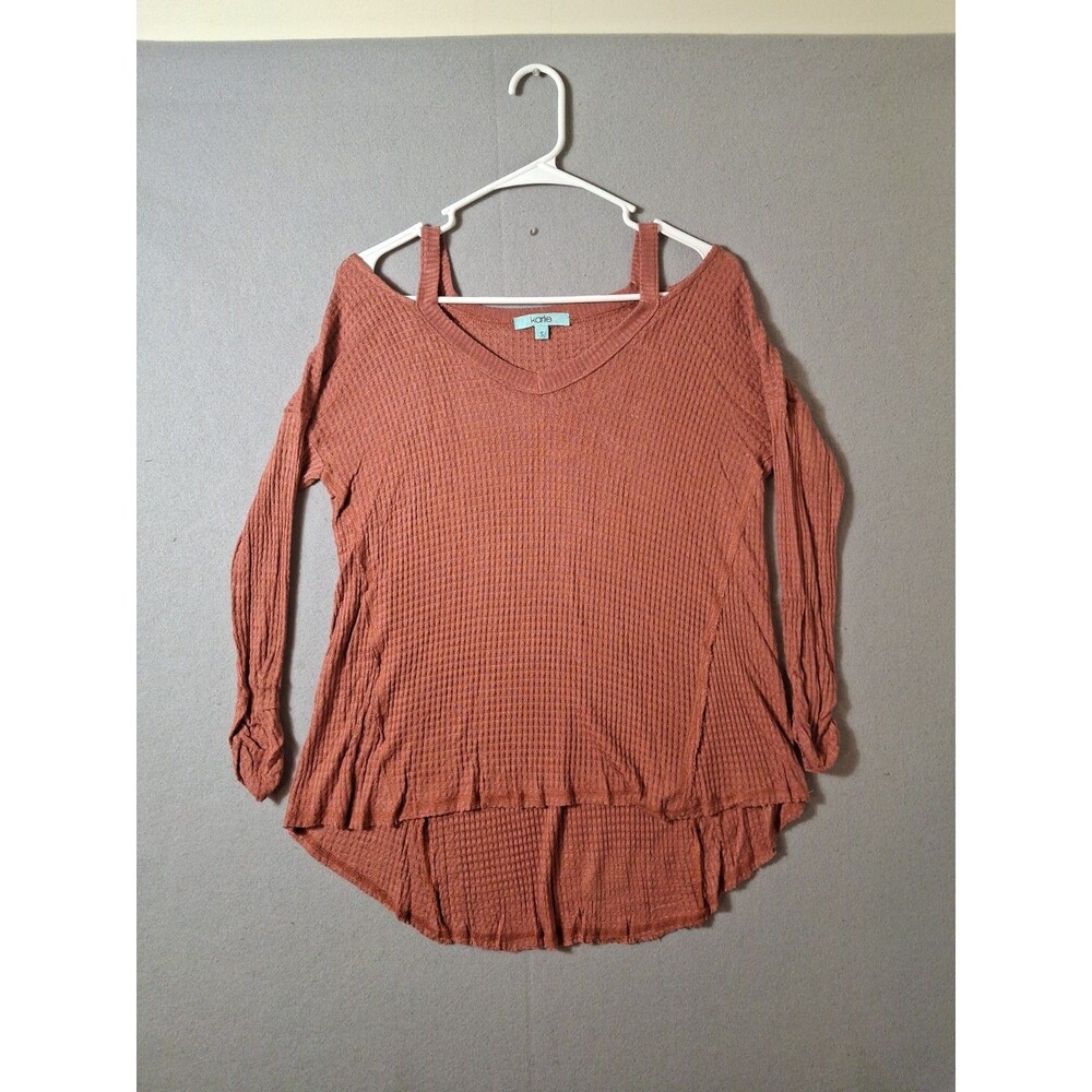 Karlie Terracotta Orange Waffle Knit Thermal Tunic Cold Shoulder Strap Top S USA